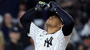 Sep 25, 2024; Bronx, New York, USA; New York Yankees right fielder Juan Soto (22) celebrates his two run home run against the Baltimore Orioles during the fifth inning at Yankee Stadium. Mandatory Credit: Brad Penner-Imagn Images