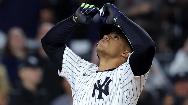 Sep 25, 2024; Bronx, New York, USA; New York Yankees right fielder Juan Soto (22) celebrates his two run home run against the Baltimore Orioles during the fifth inning at Yankee Stadium. Mandatory Credit: Brad Penner-Imagn Images Sep 25, 2024; Bronx, New York, USA; New York Yankees right fielder Juan Soto (22) celebrates his two run home run against the Baltimore Orioles during the fifth inning at Yankee Stadium. Mandatory Credit: Brad Penner-Imagn Images