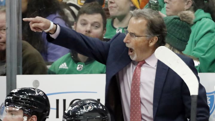 Mar 11, 2023; Pittsburgh, Pennsylvania, USA; Philadelphia Flyers head coach John Tortorella reacts on the bench against the Pittsburgh Penguins during the third period at PPG Paints Arena. Pittsburgh won 5-1. Mandatory Credit: Charles LeClaire-Imagn Images Mar 11, 2023; Pittsburgh, Pennsylvania, USA; Philadelphia Flyers head coach John Tortorella reacts on the bench against the Pittsburgh Penguins during the third period at PPG Paints Arena. Pittsburgh won 5-1. Mandatory Credit: Charles LeClaire-Imagn Images