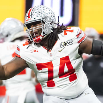 Jan 20, 2025; Atlanta, GA, USA; Ohio State Buckeyes offensive lineman Donovan Jackson (74) against the Notre Dame Fighting Irish during the CFP National Championship college football game at Mercedes-Benz Stadium. Mandatory Credit: Mark J. Rebilas-Imagn Images