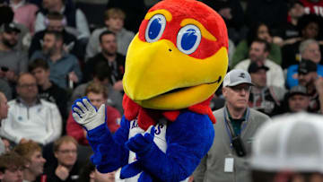 The Kansas Jayhawk mascot.