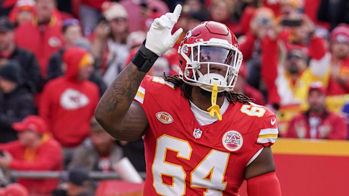  Kansas City Chiefs offensive tackle Wanya Morris (64) is introduced against the Buffalo Bills prior to a game at GEHA Field at Arrowhead Stadium.