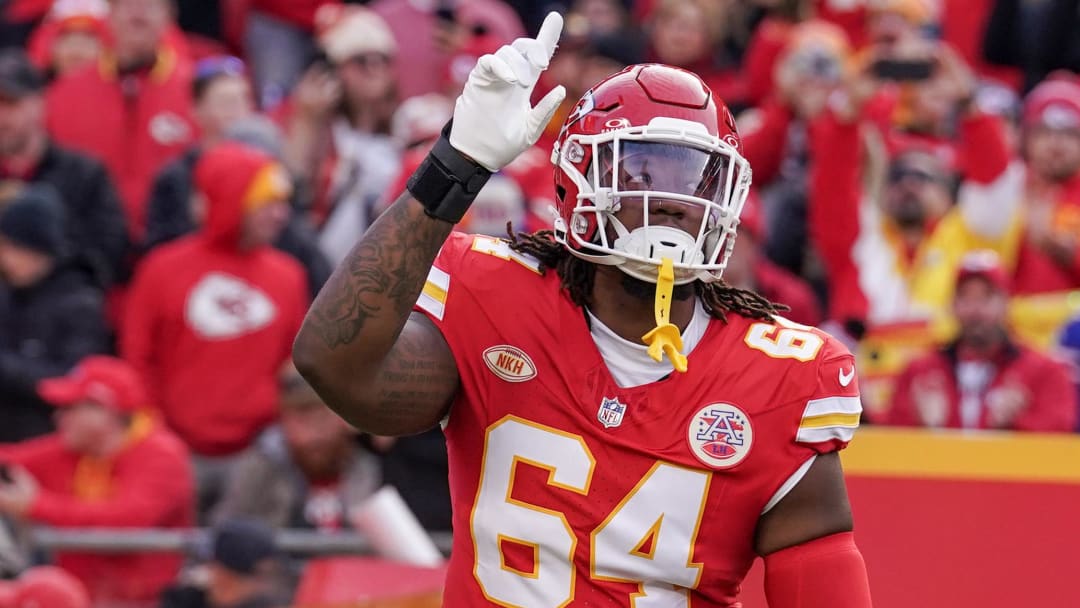 Dec 10, 2023; Kansas City, Missouri, USA; Kansas City Chiefs offensive tackle Wanya Morris (64) is introduced against the Buffalo Bills prior to a game at GEHA Field at Arrowhead Stadium. Mandatory Credit: Denny Medley-USA TODAY Sports