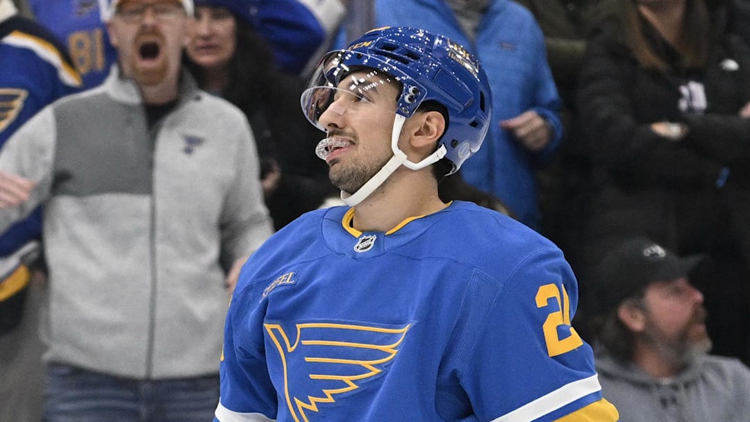 Jan 16, 2026; St. Louis, Missouri, USA; St. Louis Blues right wing Jordan Kyrou (25) looks on during overtime against the Tampa Bay Lightning at Enterprise Center. Mandatory Credit: Jeff Le-Imagn Images