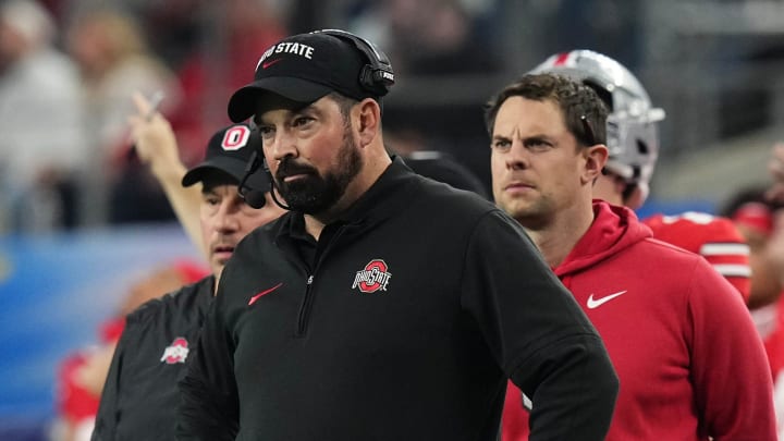 Dec 29, 2023; Arlington, Texas, USA; Ohio State Buckeyes head coach Ryan Day watches during the second quarter of the Goodyear Cotton Bowl Classic against the Missouri Tigers at AT&T Stadium.