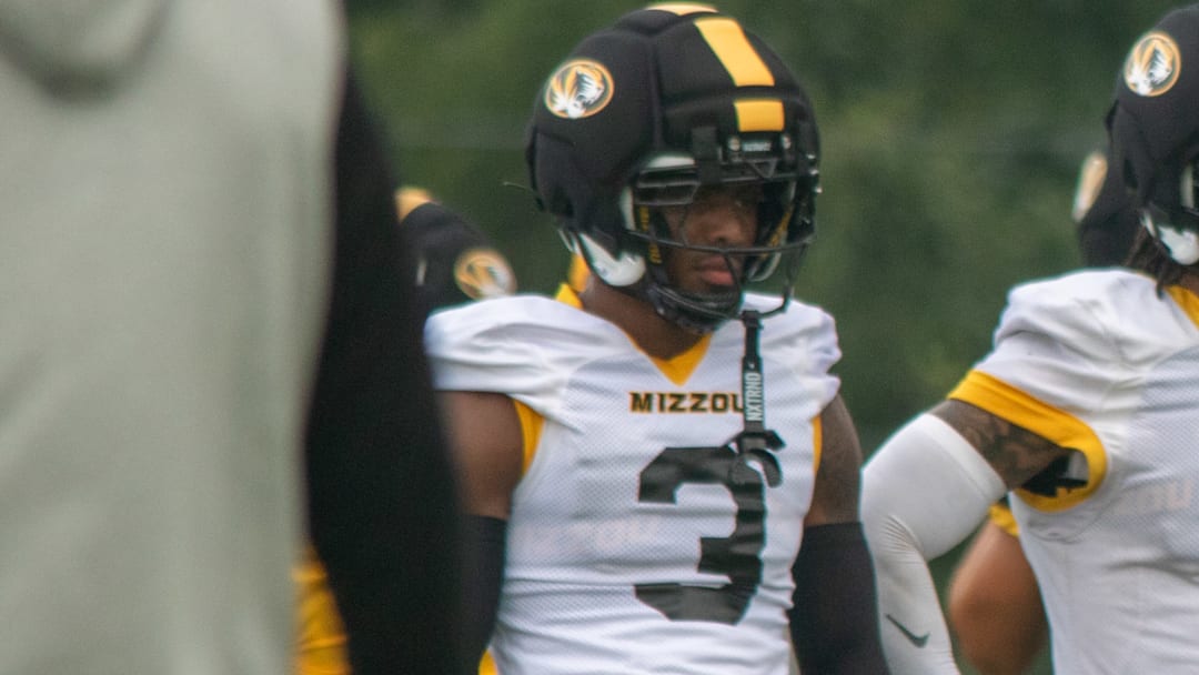 Aug 6, 2025; Columbia, MO, USA; Missouri Tigers safety Mose Phillips III (3) prepares for a defensive drill at a fall camp practice at Mizzou Athletic Training Complex. 