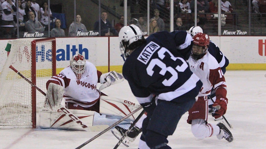 Wisconsin goaltender Daniel Hauser (31) prepares to make save on a shot by Penn State's Lev Katzin during the second period Saturday Jan. 24, 2026 at the Kohl Center in Madison, Wis.