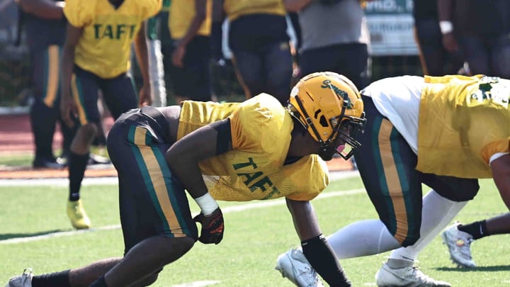 Taft head defensive lineman Elias Rudolph (9) during the Senators' scrimmage at Anderson, Friday, Aug. 4, 2023.