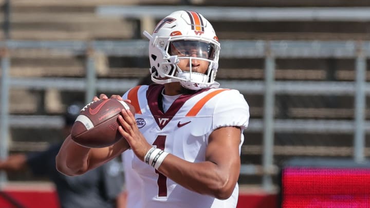 Sep 16, 2023; Piscataway, New Jersey, USA; Virginia Tech Hokies quarterback Kyron Drones (1) warms up before the game against the Rutgers Scarlet Knights at SHI Stadium. Mandatory Credit: Vincent Carchietta-USA TODAY Sports