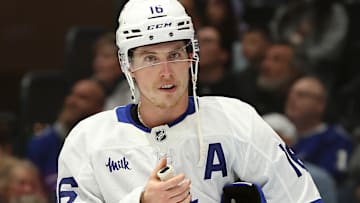 Nov 30, 2024; Tampa, Florida, USA;Toronto Maple Leafs right wing Mitch Marner (16) looks on against the Tampa Bay Lightning during the first period at Amalie Arena. Mandatory Credit: Kim Klement Neitzel-Imagn Images