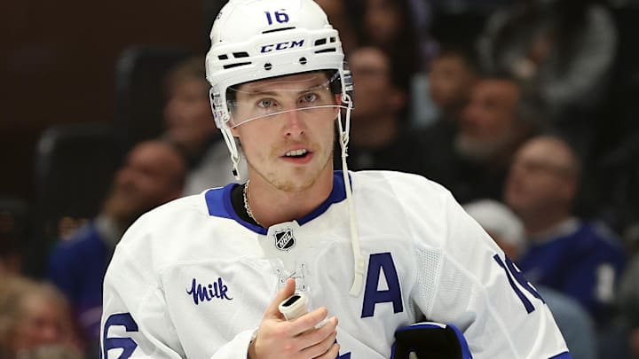 Nov 30, 2024; Tampa, Florida, USA;Toronto Maple Leafs right wing Mitch Marner (16) looks on against the Tampa Bay Lightning during the first period at Amalie Arena. Mandatory Credit: Kim Klement Neitzel-Imagn Images