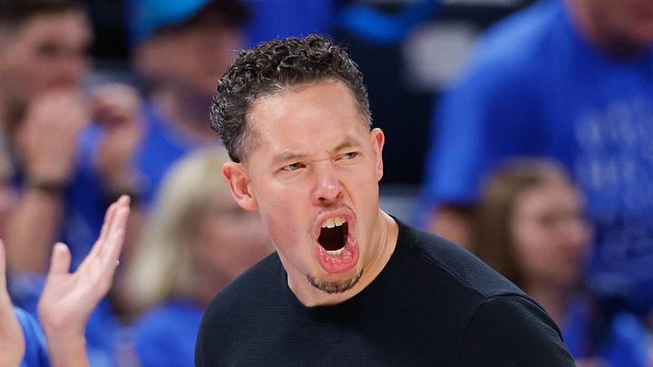May 18, 2026; Oklahoma City, Oklahoma, USA; San Antonio Spurs head coach Mitch Johnson reacts in the third quarter against the Oklahoma City Thunder during game one of the western conference finals for the 2026 NBA playoffs at Paycom Center. Mandatory Credit: Alonzo Adams-Imagn Images