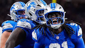 Detroit Lions defensive tackle Tyleik Williams (91) celebrates a tackle against the Cleveland Browns during the first half at Ford Field in Detroit on Sunday, Sept. 28, 2025.