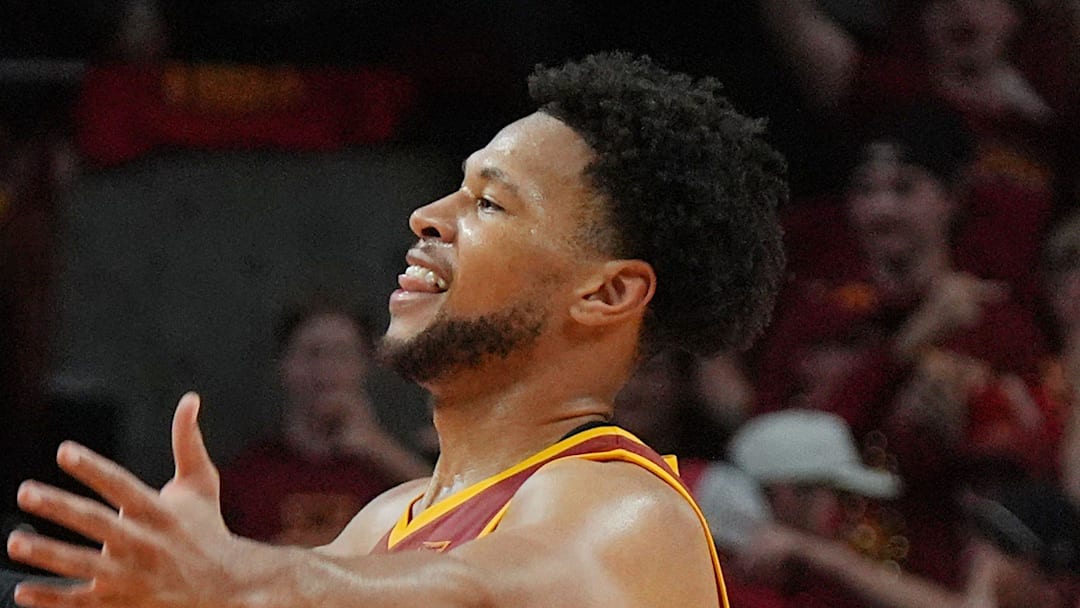 Iowa State Cyclones forward Joshua Jefferson (5) celebrates after winning 66-62 over Iowa in the men’s basketball Cy-Hawk series on Dec. 11, 2025, in Ames, Iowa.