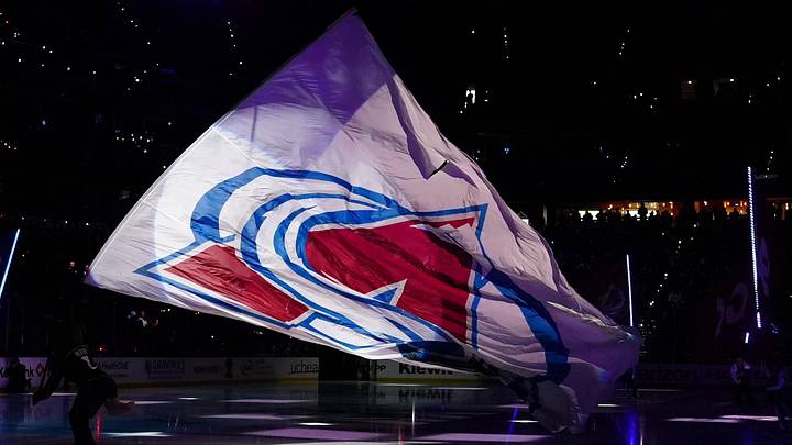 May 22, 2026; Denver, Colorado, USA; The Colorado Avalanche logo is seen on ice prior to a game against the Vegas Golden Knights in game two of the Western Conference Final of the 2026 Stanley Cup Playoffs at Ball Arena. Mandatory Credit: Ron Chenoy-Imagn Images