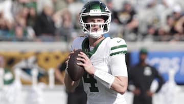 Dec 14, 2025; Jacksonville, Florida, USA; New York Jets quarterback Brady Cook (4) during the second quarter against the Jacksonville Jaguars at EverBank Stadium. Mandatory Credit: Travis Register-Imagn Images