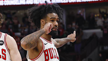 Nov 22, 2025; Chicago, Illinois, USA; Chicago Bulls guard Josh Giddey (3) and guard Coby White (0) celebrate a defensive stop against the Washington Wizards during the second half at United Center. Mandatory Credit: Kamil Krzaczynski-Imagn Images