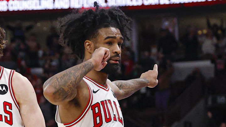 Nov 22, 2025; Chicago, Illinois, USA; Chicago Bulls guard Josh Giddey (3) and guard Coby White (0) celebrate a defensive stop against the Washington Wizards during the second half at United Center. Mandatory Credit: Kamil Krzaczynski-Imagn Images