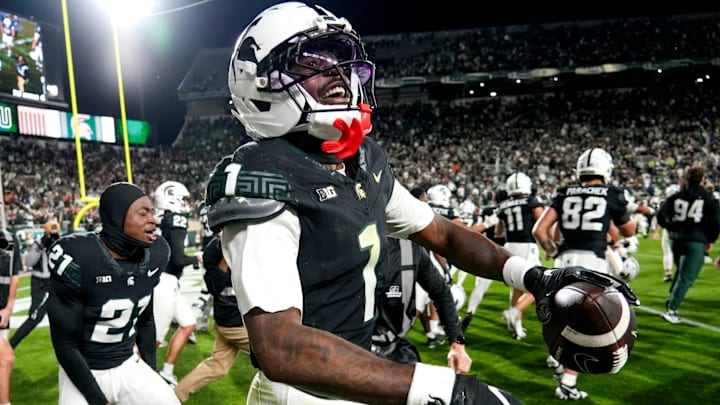 Michigan State's Omari Kelly celebrates after his game-winning two-point conversion against Boston College after the second overtime on Saturday, Sept. 6, 2025, at Spartan Stadium in East Lansing. Michigan State's Omari Kelly celebrates after his game-winning two-point conversion against Boston College after the second overtime on Saturday, Sept. 6, 2025, at Spartan Stadium in East Lansing.