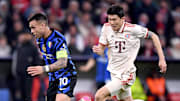 Lautaro Martínez (left) and Kim Min-Jae during the first leg of Inter Milan vs. Bayern Munich.