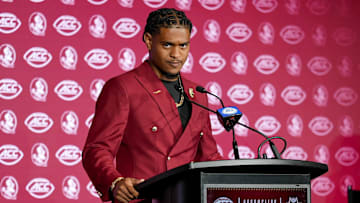 Jul 23, 2025; Charlotte, NC, USA; FSU defensive back Earl Little Jr.answers questions from the media during ACC Media days at Hilton Charlotte Uptown. Mandatory Credit: Jim Dedmon-Imagn Images