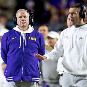 LSU Tigers head coach Brian Kelly looks on against the Oklahoma Sooners during the second quarter at Tiger Stadium. 