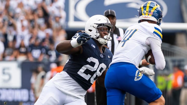 Penn State defensive tackle Zane Durant sacks Delaware quarterback Ryan O'Connor at Beaver Stadium. 