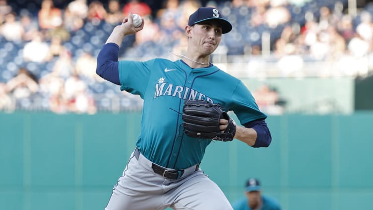 May 24, 2024; Washington, District of Columbia, USA; Seattle Mariners starting pitcher George Kirby (68) pitches against the Washington Nationals during the first inning at Nationals Park. Mandatory Credit: Geoff Burke-USA TODAY Sports