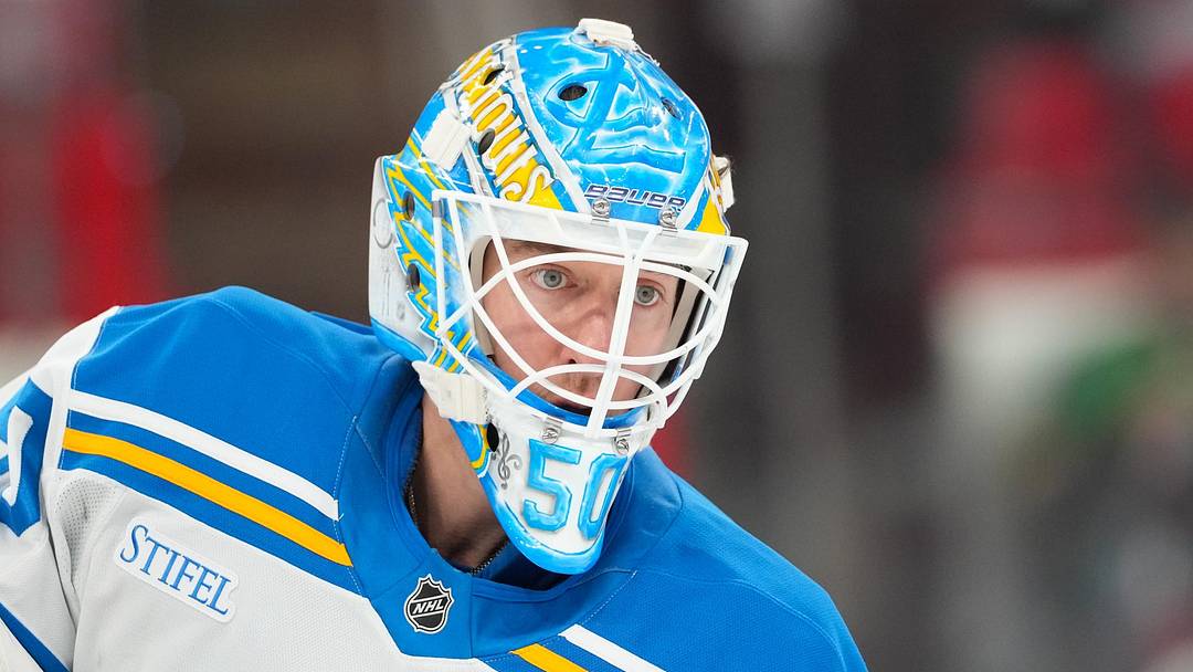 Mar 12, 2026; Raleigh, North Carolina, USA;  St. Louis Blues goaltender Jordan Binnington (50) looks on during the warmups before the game against the Carolina Hurricanes at Lenovo Center. Mandatory Credit: James Guillory-Imagn Images