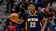 Nov 12, 2025; New Orleans, Louisiana, USA;  New Orleans Pelicans center Derik Queen (22) brings the ball up court against the Portland Trail Blazers during the second half at Smoothie King Center. Mandatory Credit: Stephen Lew-Imagn Images