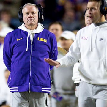 Nov 30, 2024; Baton Rouge, Louisiana, USA;  LSU Tigers head coach Brian Kelly looks on against the Oklahoma Sooners during the second quarter at Tiger Stadium. Mandatory Credit: Stephen Lew-Imagn Images