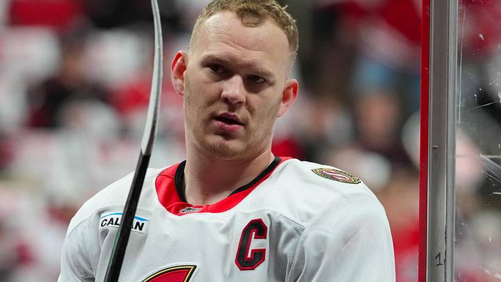 Apr 20, 2026; Raleigh, North Carolina, USA; Ottawa Senators left wing Brady Tkachuk (7) comes off the ice after the warmups before the game against the Carolina Hurricanes in game two of the first round of the 2026 Stanley Cup Playoffs at Lenovo Center. Mandatory Credit: James Guillory-Imagn Images