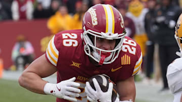 Iowa State Cyclones' running back Carson Hansen (26) runs with the ball against Arizona State during the first quarter in the Big-12 showdown at jack Trice Stadium on Nov. 1, 2025, in Ames, Iowa.