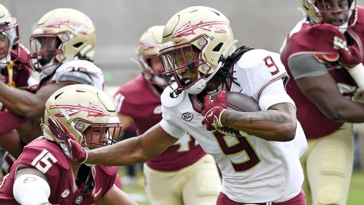 Apr 20, 2024; Tallahassee, Florida, USA; Florida State Seminoles running back Lawrance Toafili (9) runs the ball during the Spring Showcase at Doak S. Campbell Stadium. Mandatory Credit: Melina Myers-USA TODAY Sports