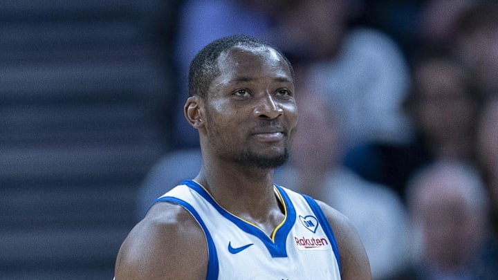 Jonathan Kuminga (00) reacts after the foul call during the fourth quarter against the Philadelphia 76ers at Chase Center