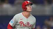 Jun 16, 2025; Miami, Florida, USA;  Philadelphia Phillies left fielder Max Kepler (17) watches his home run leave the park in the fourth inning against the Miami Marlins at loanDepot Park