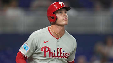 Jun 16, 2025; Miami, Florida, USA;  Philadelphia Phillies left fielder Max Kepler (17) watches his home run leave the park in the fourth inning against the Miami Marlins at loanDepot Park