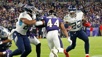 Jan 11, 2020; Baltimore, Maryland, USA; Tennessee Titans running back Derrick Henry (22) carries the