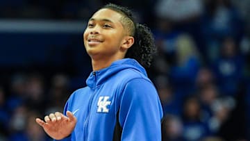 Kentucky Wildcats' Jaland Lowe before the game against Nicholls at Rupp Arena in Lexington, Kentucky Nov. 4, 2025. Lowe did not play.