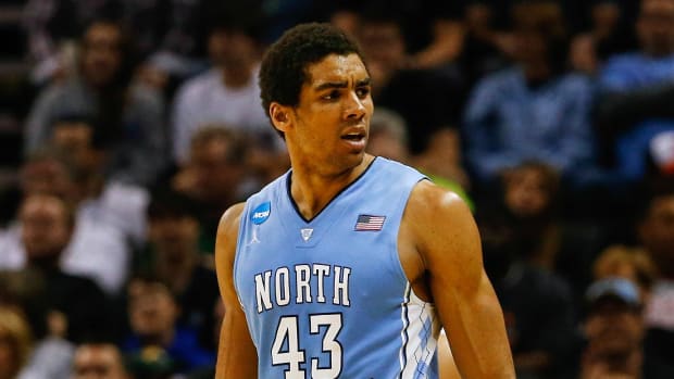 Mar 23, 2014; San Antonio, TX, USA; North Carolina Tar Heels forward James Michael McAdoo (43) reacts during the game against the Iowa State Cyclones in the third round of the 2014 NCAA Tournament at AT&T Center. Mandatory Credit: Kevin Jairaj-USA TODAY Sports