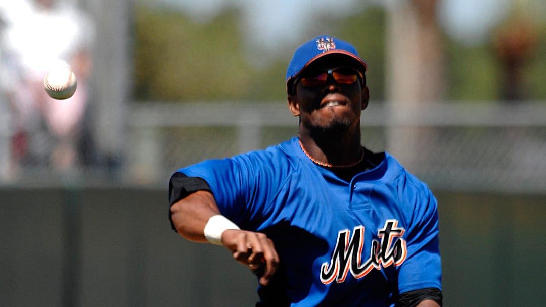 Mar 18, 2007; Jupiter, FL, USA; New York Mets shortstop Jose Reyes (7) throws out St. Louis Cardinals third baseman Scott Rolen (not pictured) at Roger Dean Stadium in Jupiter, FL. The Cardinals defeated the Mets 5-4. Mandatory Credit:Scott Rovak-Imagn Images Copyright © Scott Rovak