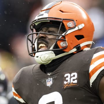 Dec 17, 2023; Cleveland, Ohio, USA; Cleveland Browns linebacker Jeremiah Owusu-Koramoah (6) celebrates during the first quarter against the Chicago Bears at Cleveland Browns Stadium. Mandatory Credit: Scott Galvin-USA TODAY Sports