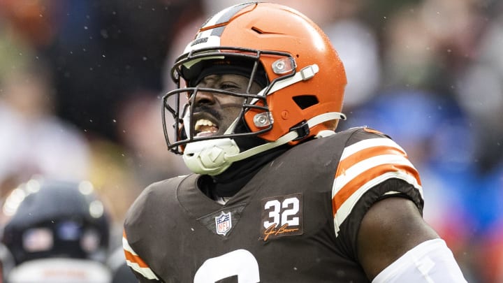 Dec 17, 2023; Cleveland, Ohio, USA; Cleveland Browns linebacker Jeremiah Owusu-Koramoah (6) celebrates during the first quarter against the Chicago Bears at Cleveland Browns Stadium. Mandatory Credit: Scott Galvin-USA TODAY Sports