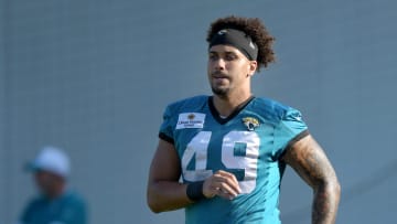 Jacksonville Jaguars tight end Shawn Bowman (49) warms up at the start of the fifth day of the NFL football training camp practice session Monday, July 29, 2024 at EverBank Stadium's Miller Electric Center in Jacksonville, Fla..