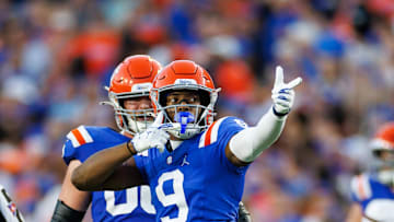 Oct 18, 2025; Gainesville, Florida, USA; Florida Gators wide receiver J. Michael Sturdivant (9) gestures after a run against the Mississippi State Bulldogs during the second half at Ben Hill Griffin Stadium. Mandatory Credit: Matt Pendleton-Imagn Images