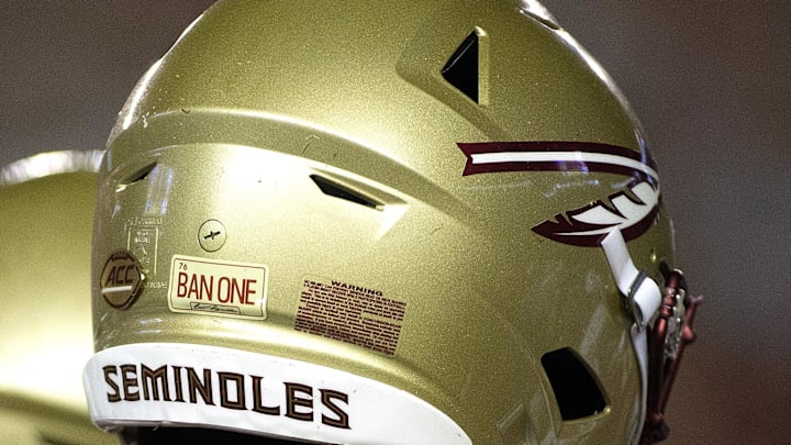 Sep 8, 2018; Tallahassee, FL, USA; Florida State Seminoles had a special sticker on their helmets to honor former FSU player Burt Reynolds who died this past week.  The Florida State Seminoles host the Samford Bulldogs at Doak Campbell Stadium. Florida State won 36-26. Mandatory Credit: Glenn Beil-Imagn Images