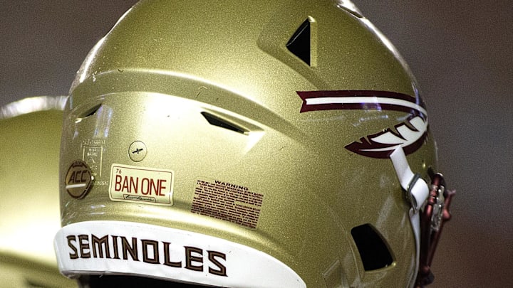 Sep 8, 2018; Tallahassee, FL, USA; Florida State Seminoles had a special sticker on their helmets to honor former FSU player Burt Reynolds who died this past week.  The Florida State Seminoles host the Samford Bulldogs at Doak Campbell Stadium. Florida State won 36-26. Mandatory Credit: Glenn Beil-Imagn Images