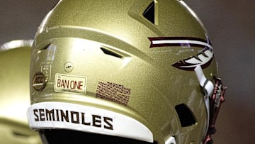 Sep 8, 2018; Tallahassee, FL, USA; Florida State Seminoles had a special sticker on their helmets to honor former FSU player Burt Reynolds who died this past week.  The Florida State Seminoles host the Samford Bulldogs at Doak Campbell Stadium. Florida State won 36-26. Mandatory Credit: Glenn Beil-Imagn Images