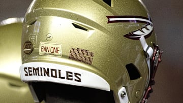 Sep 8, 2018; Tallahassee, FL, USA; Florida State Seminoles had a special sticker on their helmets to honor former FSU player Burt Reynolds who died this past week.  The Florida State Seminoles host the Samford Bulldogs at Doak Campbell Stadium. Florida State won 36-26. Mandatory Credit: Glenn Beil-Imagn Images
