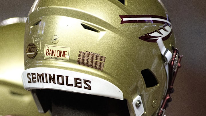 Sep 8, 2018; Tallahassee, FL, USA; Florida State Seminoles had a special sticker on their helmets to honor former FSU player Burt Reynolds who died this past week.  The Florida State Seminoles host the Samford Bulldogs at Doak Campbell Stadium. Florida State won 36-26. Mandatory Credit: Glenn Beil-Imagn Images